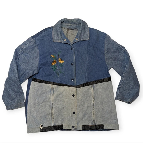 Vintage Patchwork Denim Jean Colour  Block Jacket Embroidered Daisy Woman L - Picture 1 of 10